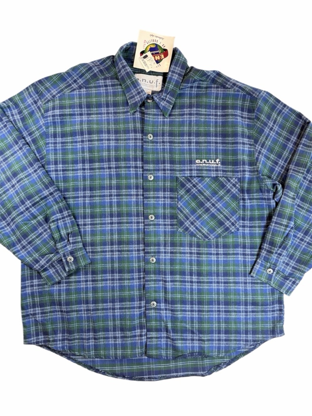 E.N.U.F. Internationale Flannel Shirt Men M Blue Green Plaid Long Sleeve Vintage